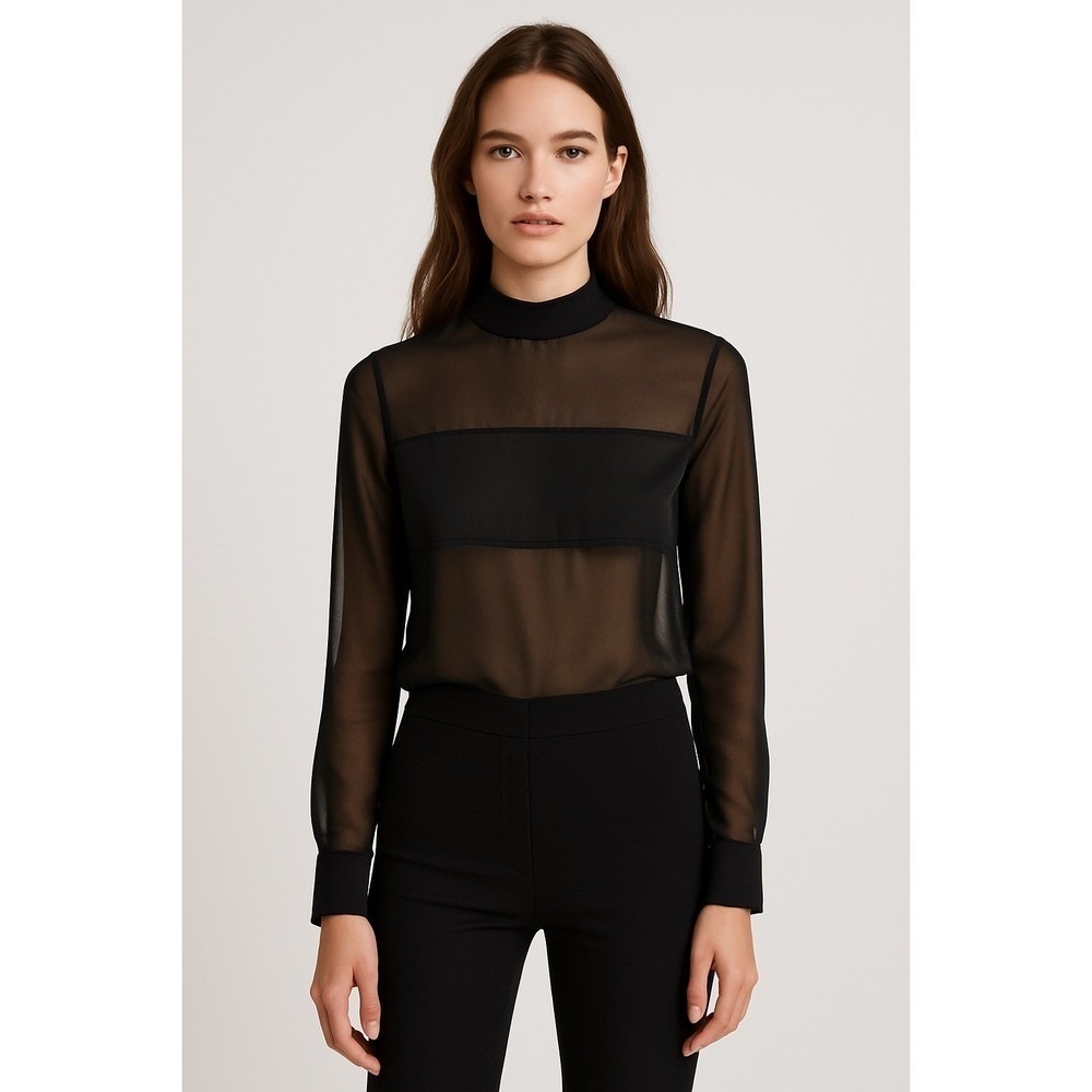 H&M Black Sheer Blouse Long Sleeve Top Mock Neck See Through Size US 4